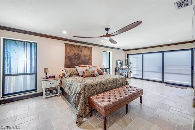 bedroom with multiple windows, ceiling fan, and crown molding