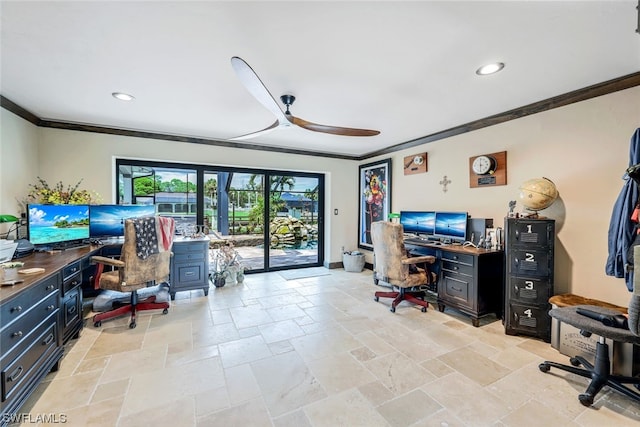 office featuring crown molding and ceiling fan