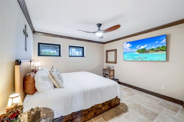 bedroom with crown molding and ceiling fan