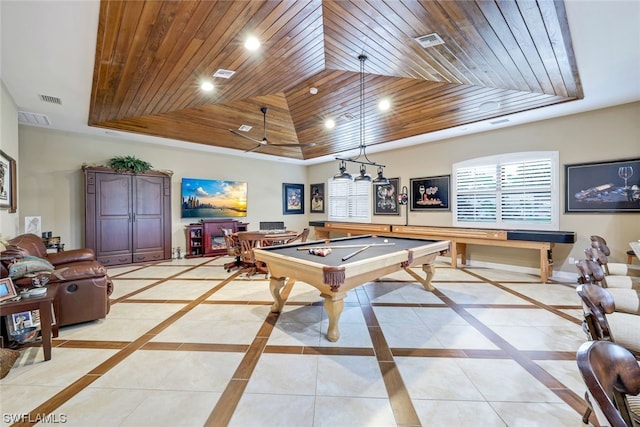 game room featuring ceiling fan, billiards, wood ceiling, vaulted ceiling, and light tile patterned floors