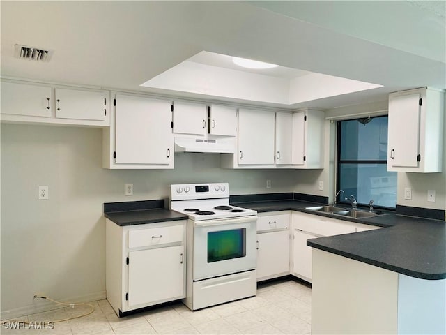 kitchen with white cabinetry, white electric range, and sink