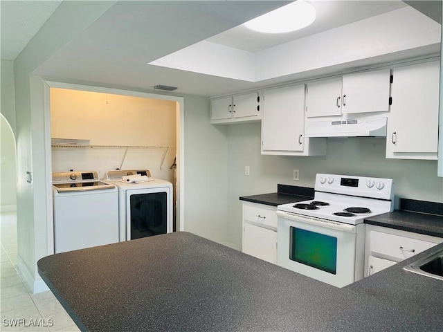 kitchen with white cabinetry, independent washer and dryer, and white electric range oven