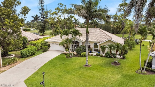 view of front of property with a front yard and a garage