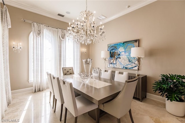 dining room with a notable chandelier and ornamental molding