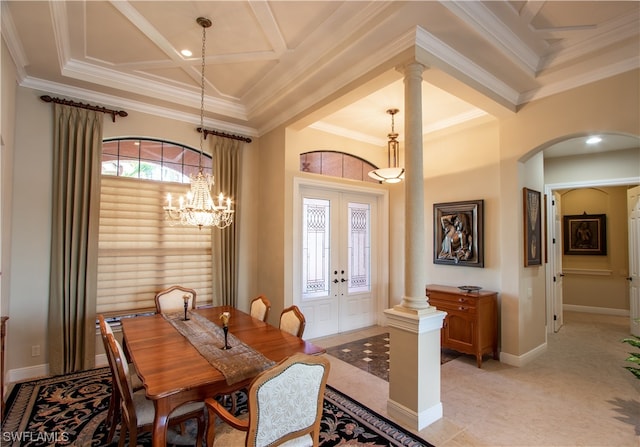 dining space featuring beam ceiling, french doors, coffered ceiling, crown molding, and a notable chandelier