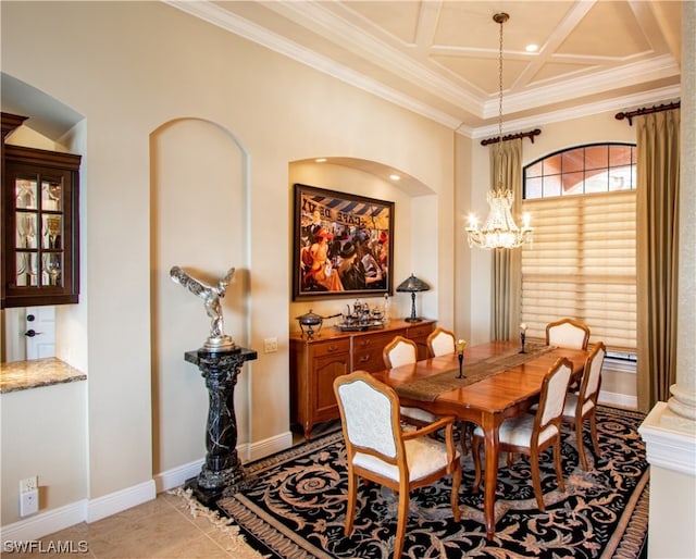 dining space featuring light tile patterned flooring, coffered ceiling, beamed ceiling, crown molding, and a notable chandelier