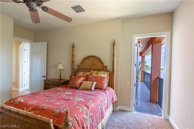 carpeted bedroom with ceiling fan and access to outside