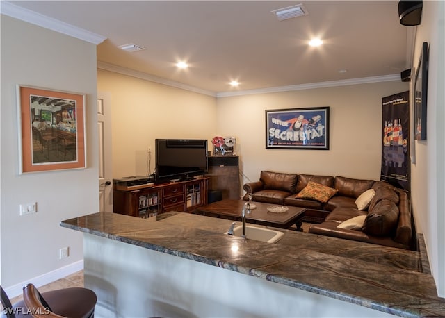 living room with ornamental molding and sink