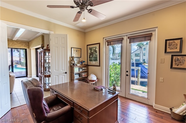 office area featuring french doors, crown molding, hardwood / wood-style flooring, and ceiling fan