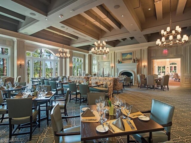 dining space with carpet floors, crown molding, beam ceiling, and coffered ceiling