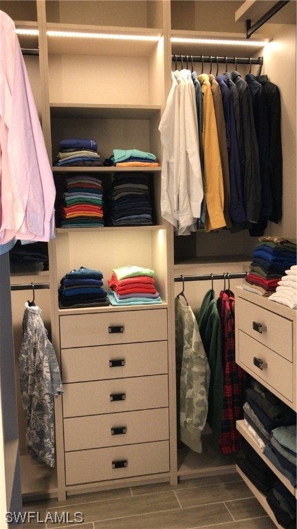 walk in closet featuring dark wood-type flooring