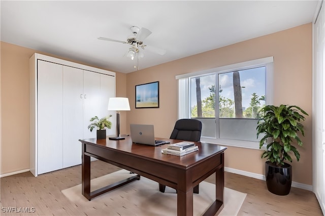 office area featuring ceiling fan and light hardwood / wood-style flooring