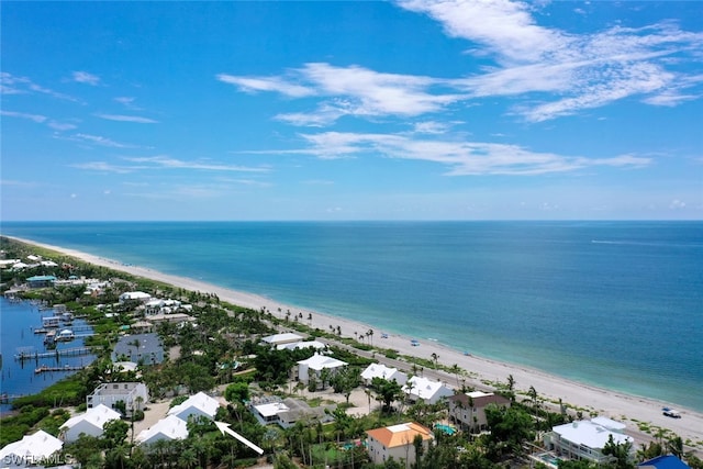 bird's eye view with a water view and a view of the beach