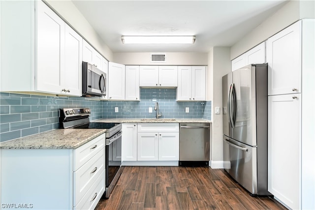 kitchen featuring dark hardwood / wood-style floors, stainless steel appliances, white cabinetry, and sink