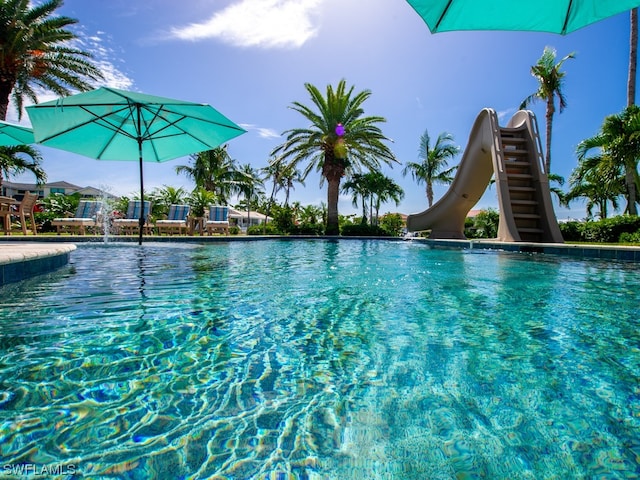 view of swimming pool featuring a water slide