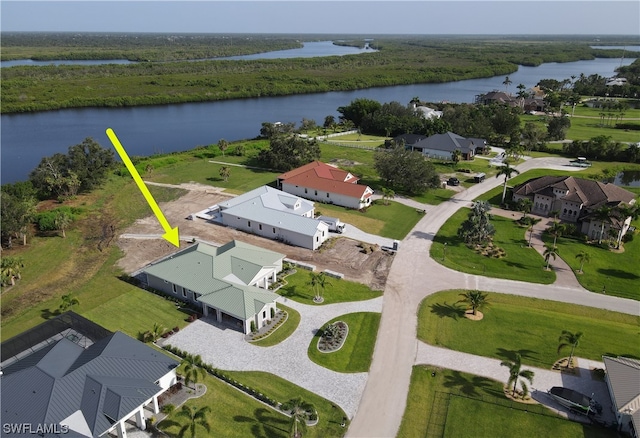 aerial view featuring a water view