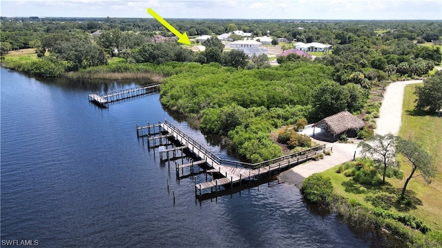 drone / aerial view with a water view