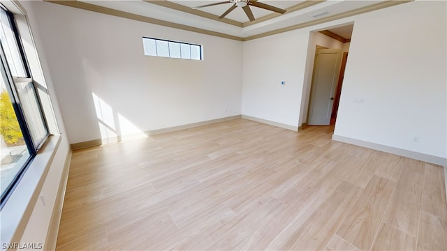 unfurnished room with crown molding, ceiling fan, and light hardwood / wood-style flooring