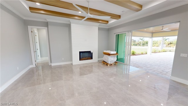 unfurnished living room with a fireplace, ceiling fan, crown molding, and beamed ceiling