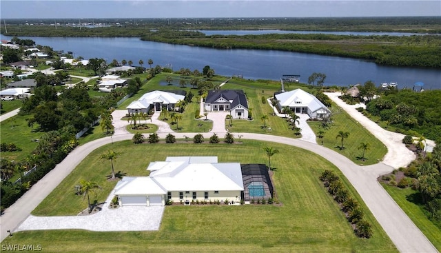 aerial view featuring a water view