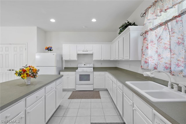 kitchen featuring white cabinets, light tile floors, white appliances, and sink