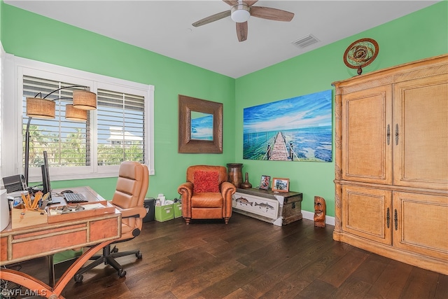 home office featuring ceiling fan and dark hardwood / wood-style floors