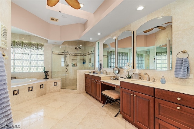 bathroom featuring vanity, separate shower and tub, ceiling fan, and tile patterned flooring