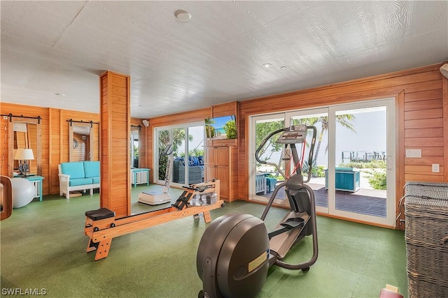 211 Kingfisher Dr, Captiva, FL 33924 - exercise area with wood walls and a barn door