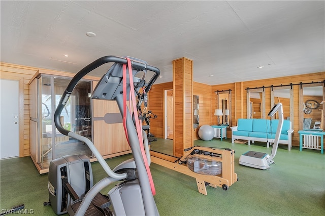 exercise area featuring wooden walls