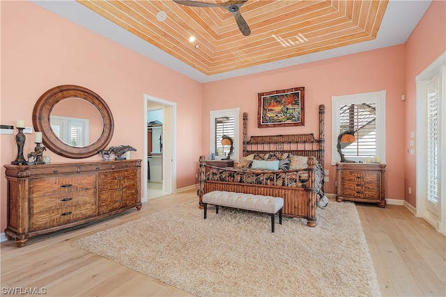 bedroom with light wood-type flooring, multiple windows, ceiling fan, and wooden ceiling