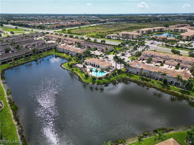 drone / aerial view featuring a water view