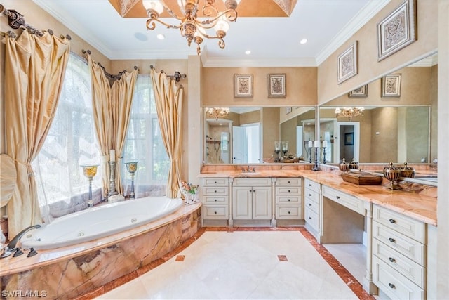 bathroom featuring tiled tub, tile flooring, a notable chandelier, and vanity