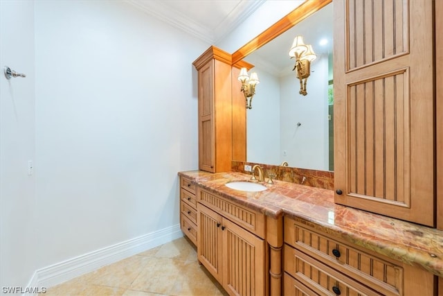 bathroom with tile flooring, ornamental molding, and oversized vanity