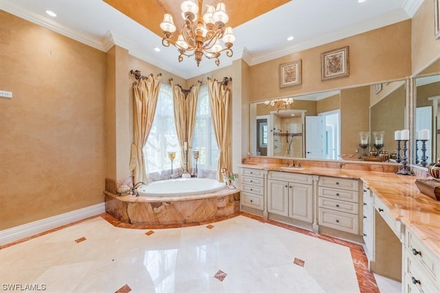 bathroom featuring vanity, an inviting chandelier, tile floors, a bath, and crown molding