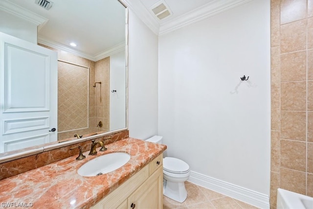 full bathroom featuring toilet, vanity, shower / bathtub combination, crown molding, and tile floors