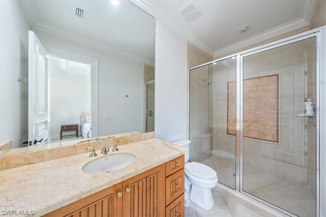 bathroom featuring toilet, crown molding, a shower with shower door, tile flooring, and vanity