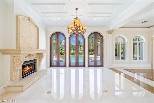 tiled living room featuring an inviting chandelier, coffered ceiling, ornamental molding, and beamed ceiling