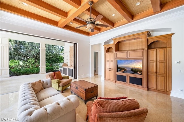 living room featuring coffered ceiling, ceiling fan, light tile floors, beam ceiling, and crown molding