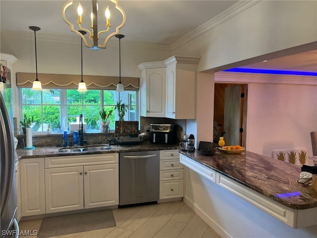 kitchen featuring sink, a chandelier, dishwasher, decorative light fixtures, and white cabinetry