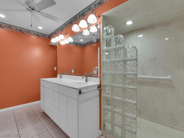 bathroom with vanity, tile floors, and ceiling fan