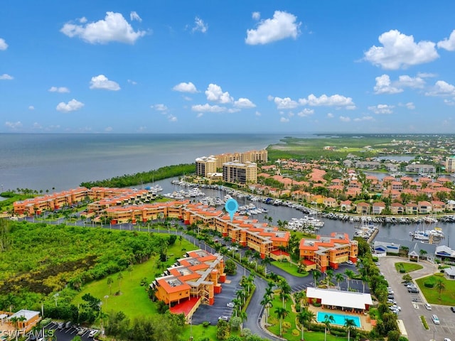 drone / aerial view featuring a water view