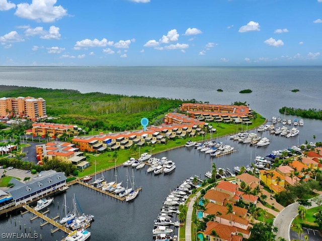 bird's eye view with a water view