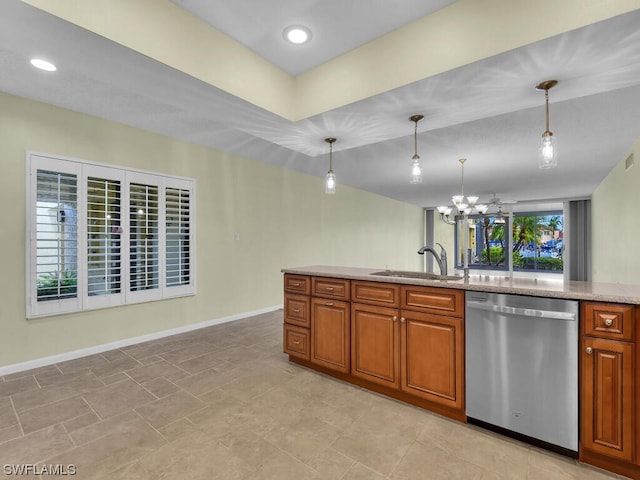 kitchen with sink, light tile floors, hanging light fixtures, a chandelier, and stainless steel dishwasher