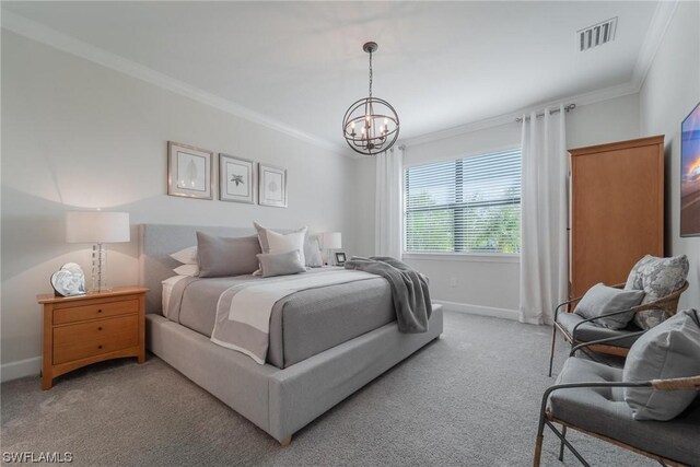 bedroom featuring a chandelier, ornamental molding, and light carpet