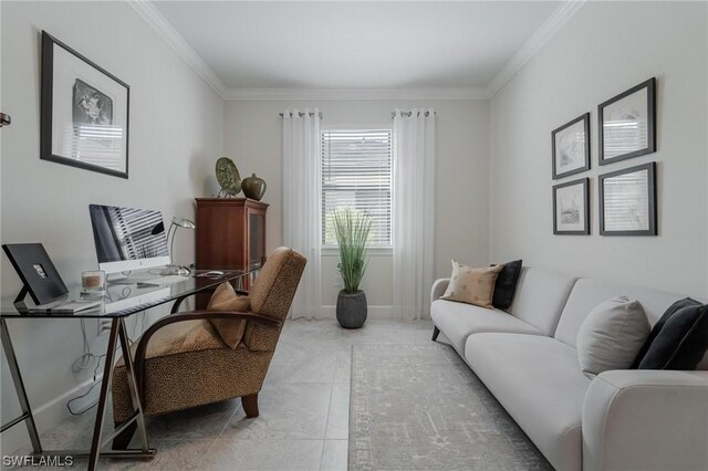 tiled office space featuring ornamental molding