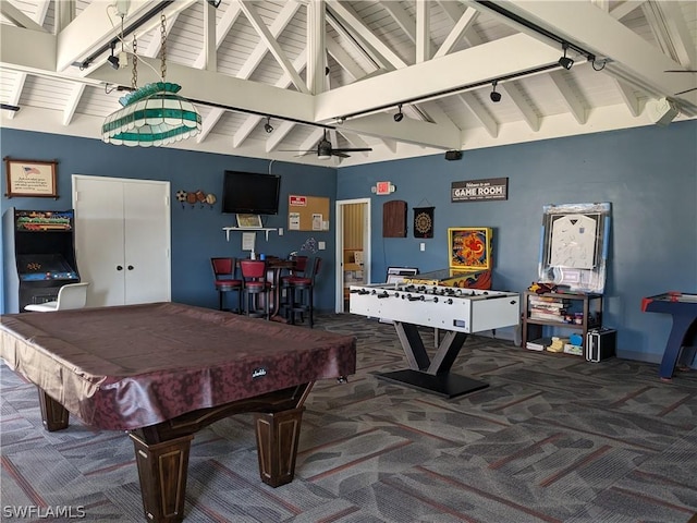 playroom featuring carpet flooring, lofted ceiling with beams, ceiling fan, and pool table