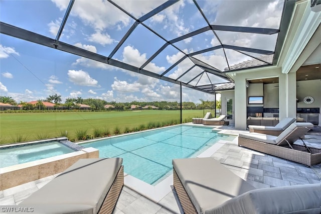 view of swimming pool featuring a patio area, a lanai, a lawn, an outdoor hangout area, and an in ground hot tub