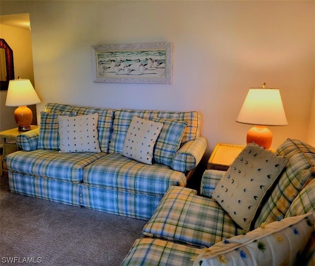 living area featuring carpet flooring