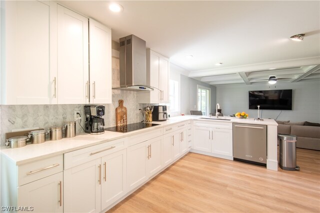 kitchen featuring white cabinets, stainless steel dishwasher, black electric cooktop, wall chimney range hood, and light wood-type flooring