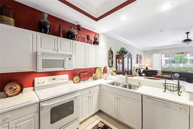 kitchen with white cabinets, ceiling fan, ornamental molding, and white appliances